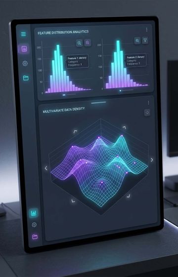 Digital density surface plot and interactive histograms representing population measurement distribution.