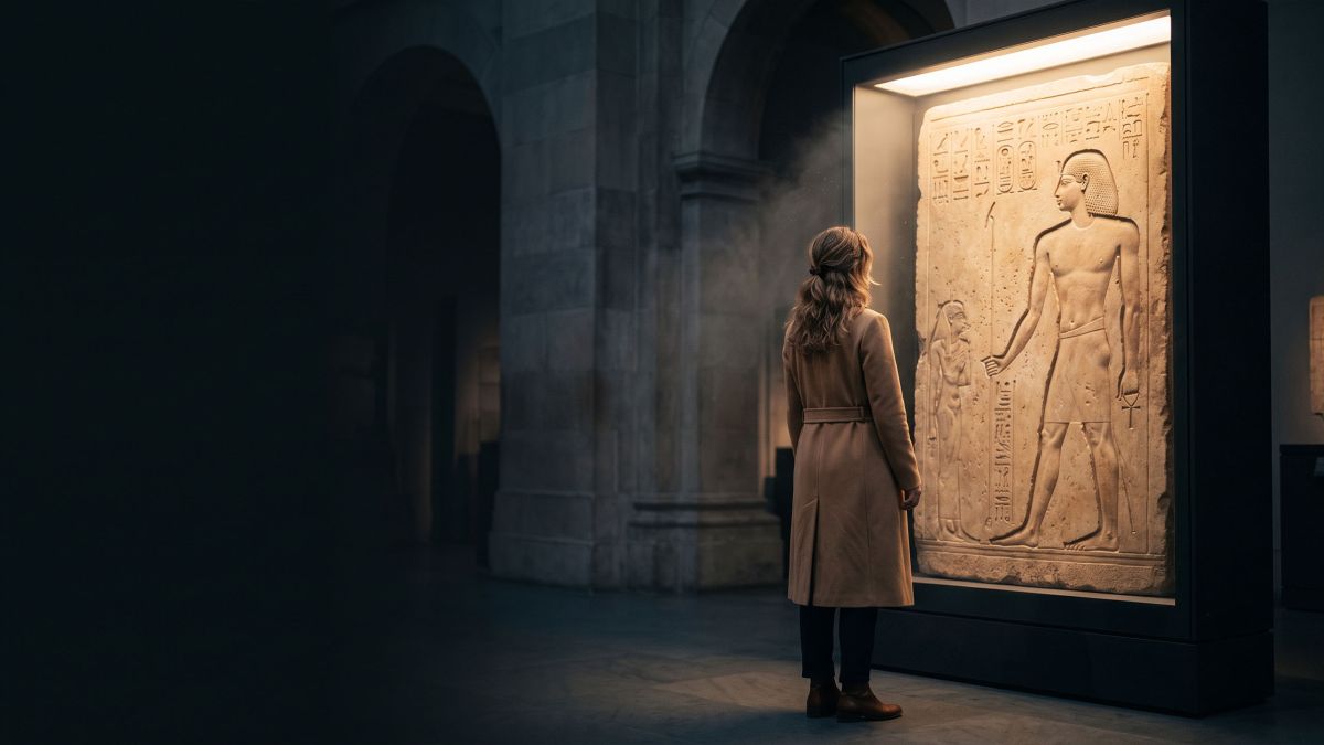 Museum visitor viewing an ancient Egyptian limestone relief of a standing figure, illustrating body ideals in Egyptian art