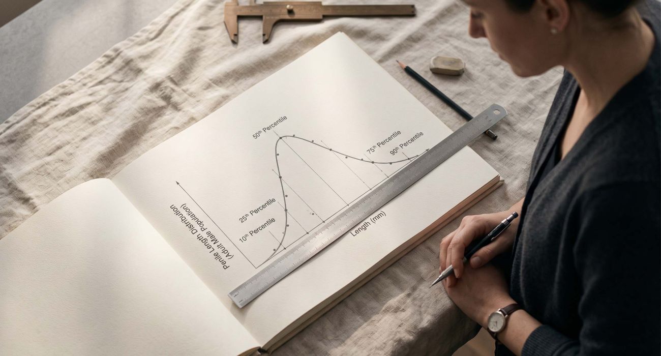 Steel millimeter rule and brass calipers resting on a journal page showing an annotated percentile distribution curve, illustrating how size percentile results are calculated and read