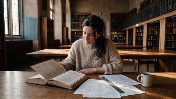 A woman reading published measurement studies and journal pages at a library table, illustrating research on the documented range of labia minora size