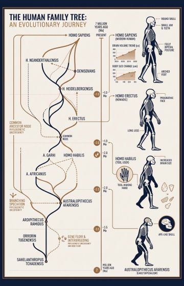 Scientific evolutionary tree diagram illustrating human physical adaptations and sexual dimorphism.