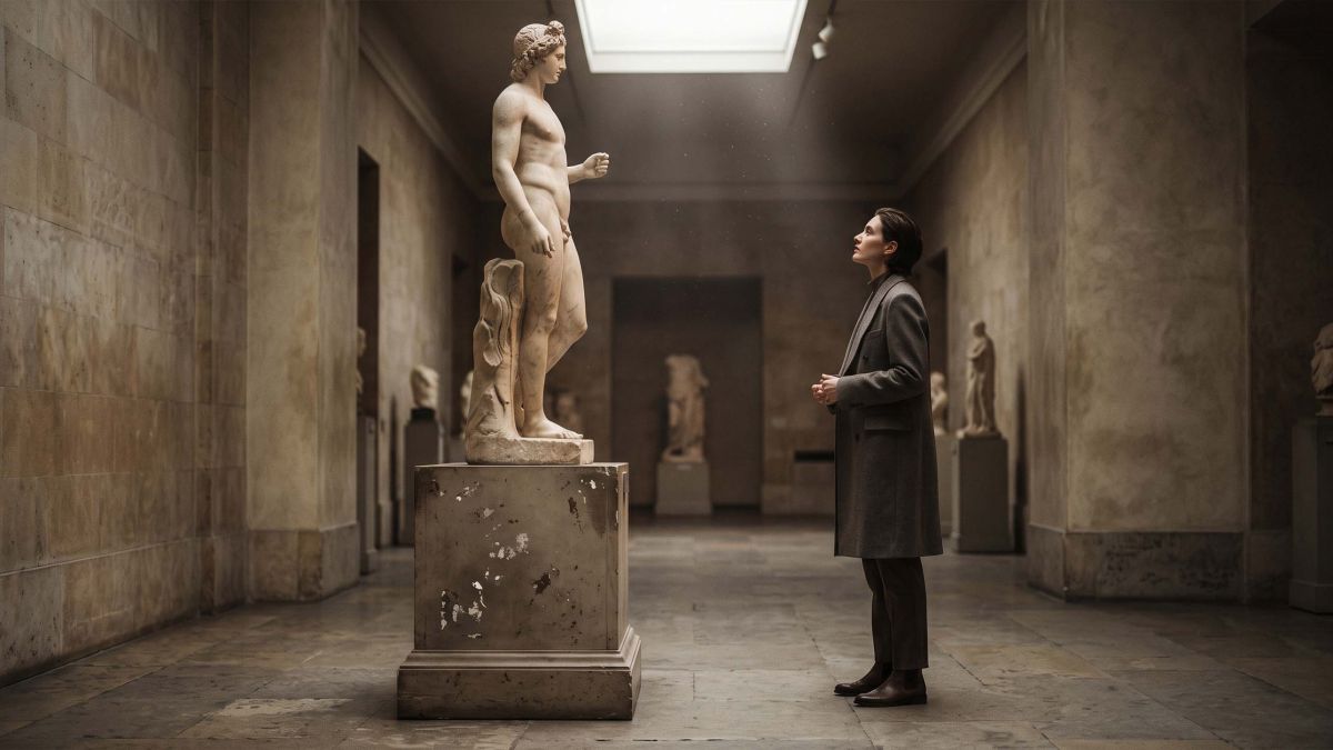 Visitor contemplating a classical marble nude sculpture in a museum, illustrating Renaissance body ideals and the human form in art history