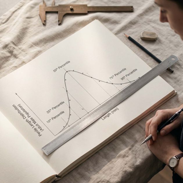 Regla metálica milimétrica y calibradores de latón sobre una página de revista que muestra una curva de distribución de percentiles anotada, ilustrando cómo se calculan y leen los resultados de percentiles de tamaño