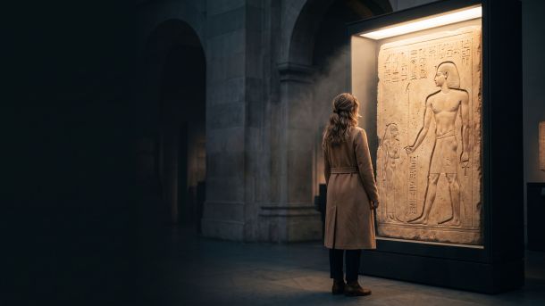Visitante de museo observando un antiguo relieve egipcio de piedra caliza con una figura de pie que representa los ideales corporales del arte egipcio.