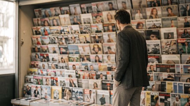 Persona de pie frente a un muro de portadas de revistas internacionales que representa cómo los medios globales difunden los ideales corporales entre distintas culturas.