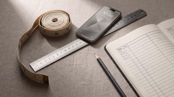 Regla milimétrica de acero, cinta métrica de tela y un cuaderno de registro con líneas hechas a mano sobre lino, que ilustran las herramientas y el registro de datos necesarios para una medición precisa del tamaño