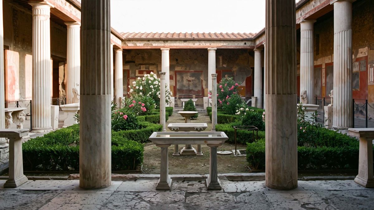 Jardín peristilo romano iluminado por el sol con columnata de mármol, setos cuidadosamente recortados y una fuente central, el tipo de jardín cerrado que las figuras guardianas grecorromanas protegían.