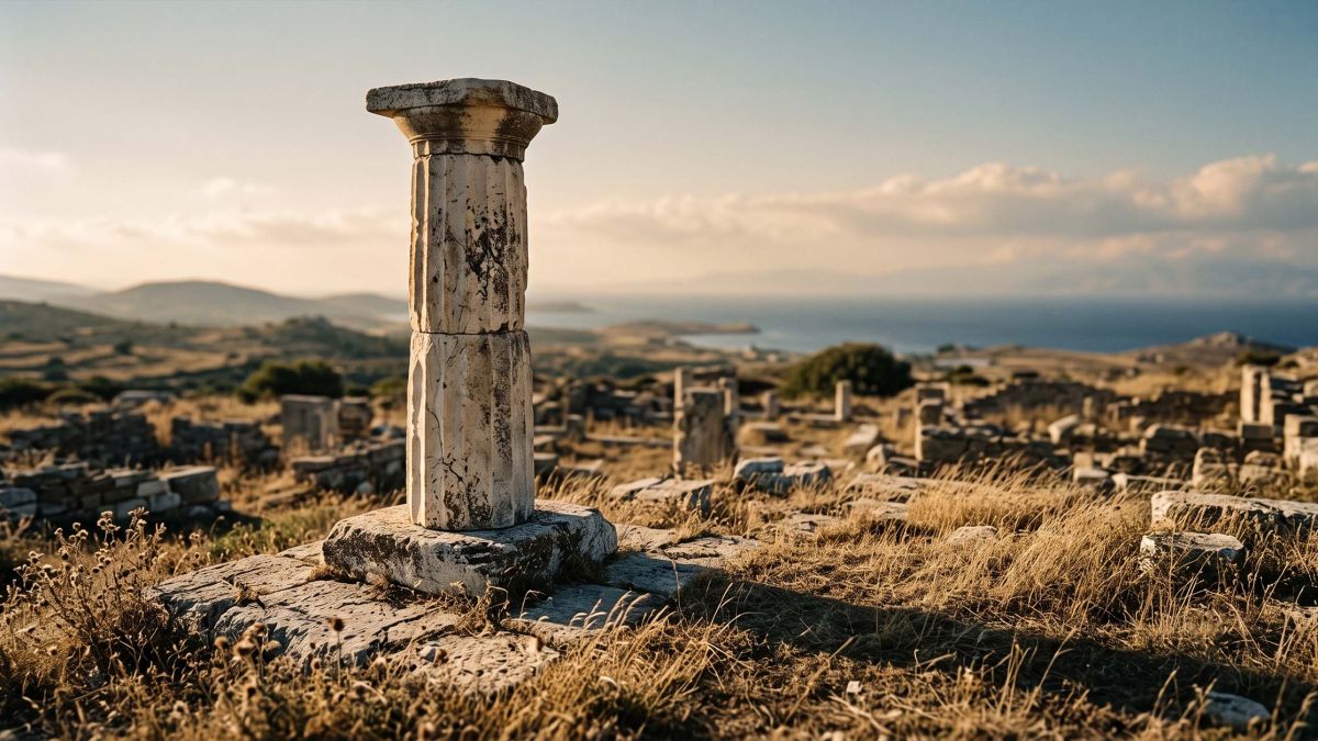 Monumento de columna de mármol desgastado en un antiguo santuario griego durante la hora dorada, representando el simbolismo sagrado de la religión dionisíaca.