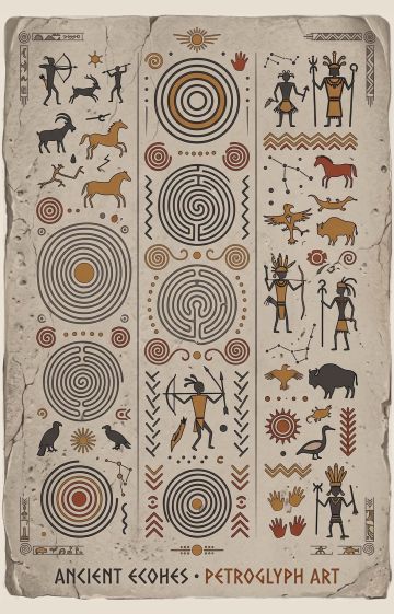 Vector graphic of historical petroglyphs and symbols representing anatomical and fertility iconography.