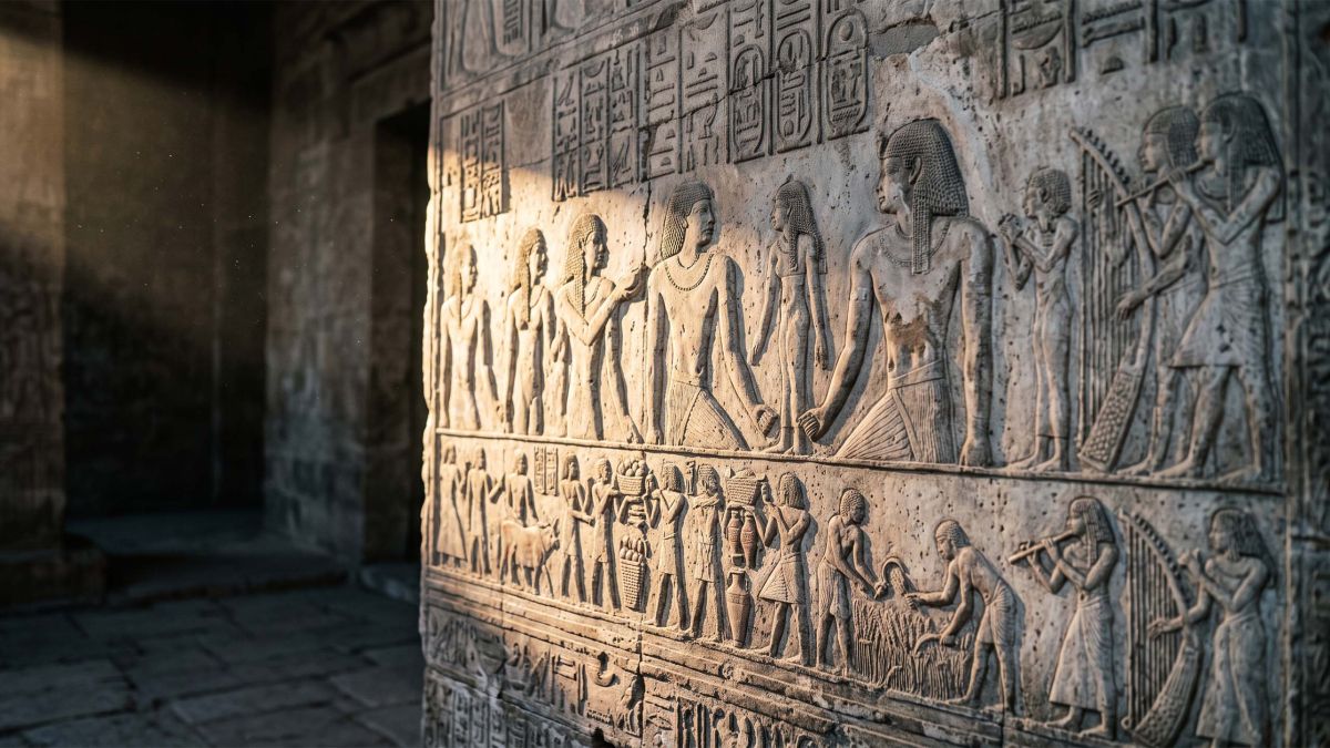 Relieve de piedra caliza del Antiguo Egipto iluminado con luz rasante, que hace referencia a la representación documentada más antigua de la circuncisión ritual en Saqqara.