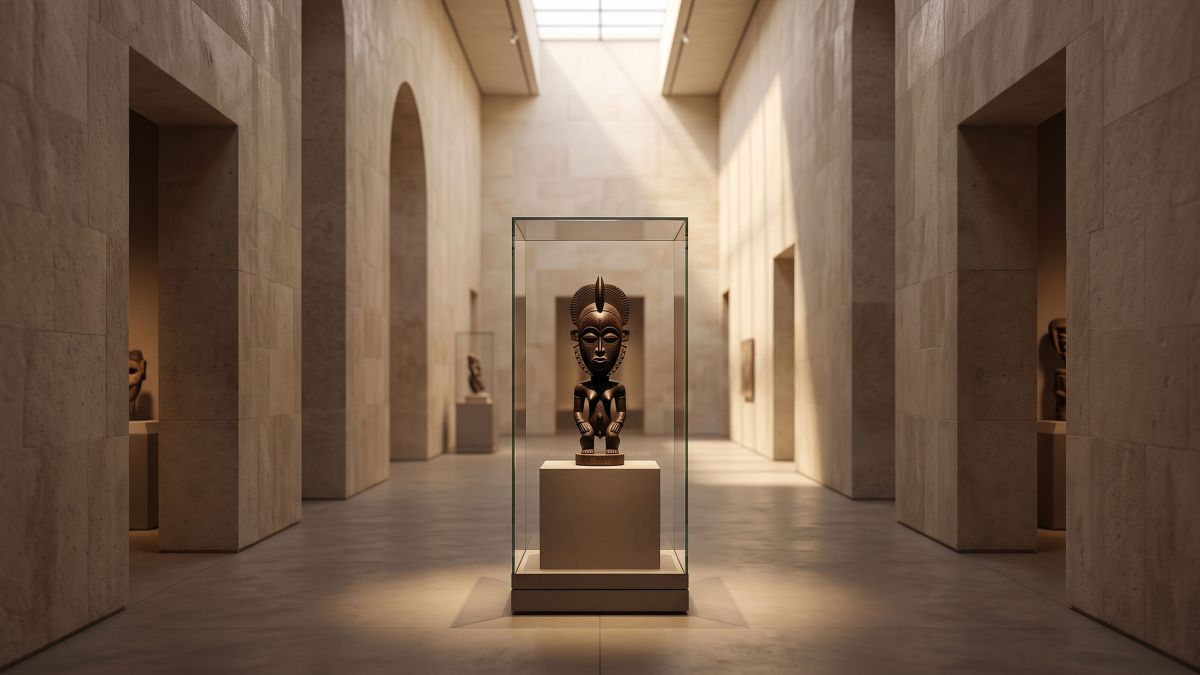 Vitrina de museo con un objeto ceremonial de África Occidental que ilustra la antropología de la modificación genital femenina y el significado ritual del cuerpo.
