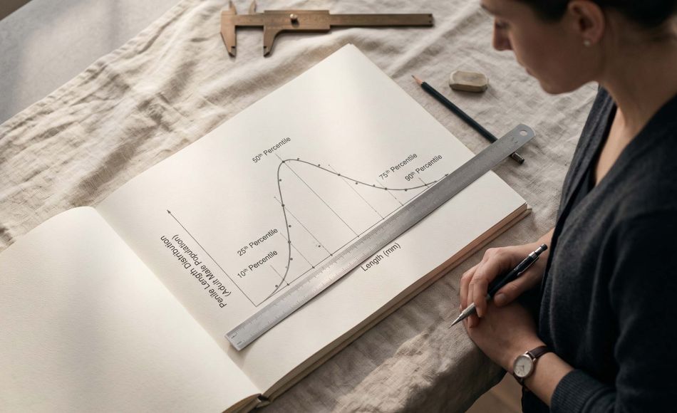 Regla metálica milimétrica y calibradores de latón sobre una página de revista que muestra una curva de distribución de percentiles anotada, ilustrando cómo se calculan y leen los resultados de percentiles de tamaño