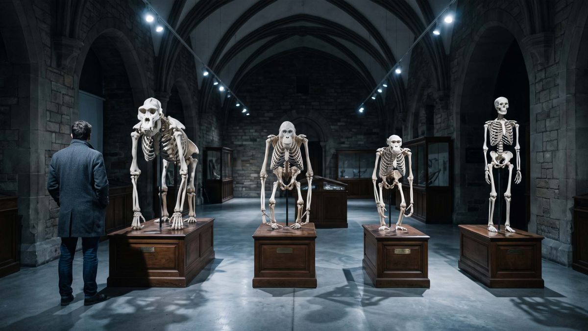 Cuatro esqueletos de grandes simios —gorila, orangután, chimpancé y humano— expuestos en fila en una sala de anatomía comparada de un museo de historia natural