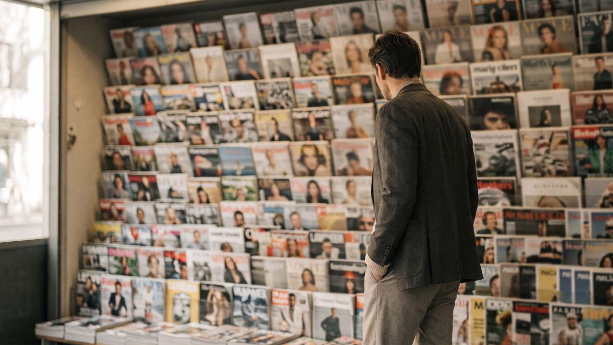 Persona de pie frente a un muro de portadas de revistas internacionales que representa cómo los medios globales difunden los ideales corporales entre distintas culturas.