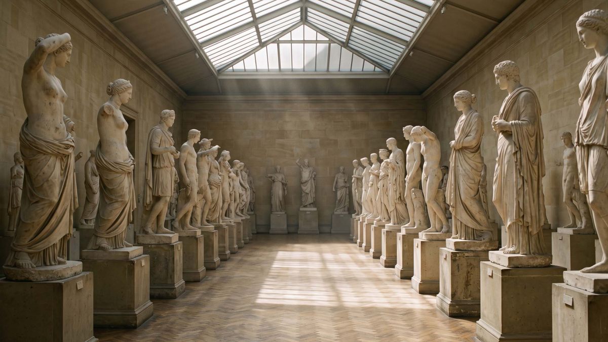 Filas de moldes anatómicos de yeso en una sala de moldes de museo, iluminadas por un tragaluz superior, que ilustran la variación documentada de la forma humana