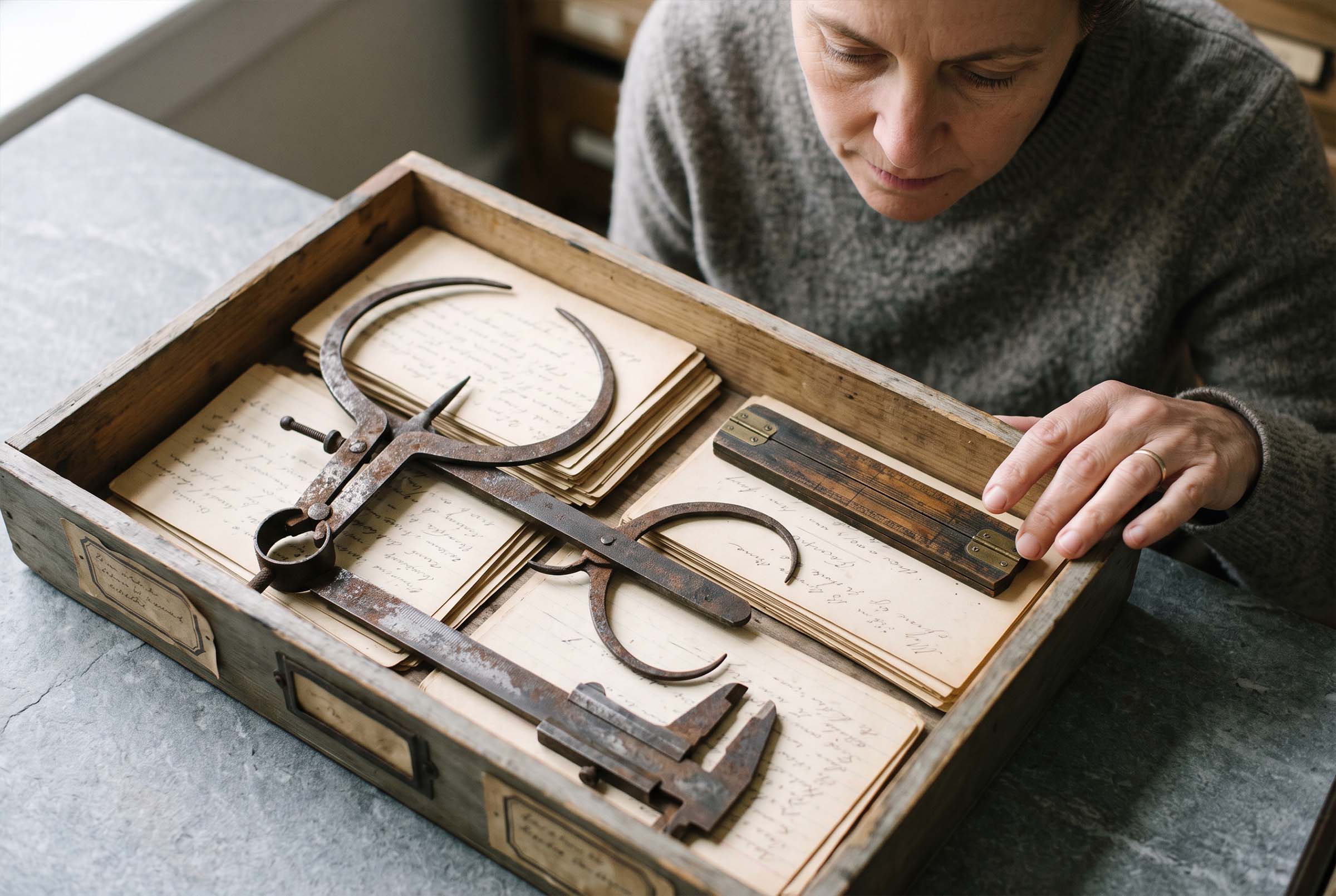 Historic anthropometric measuring instruments laid out in a labeled museum archive drawer