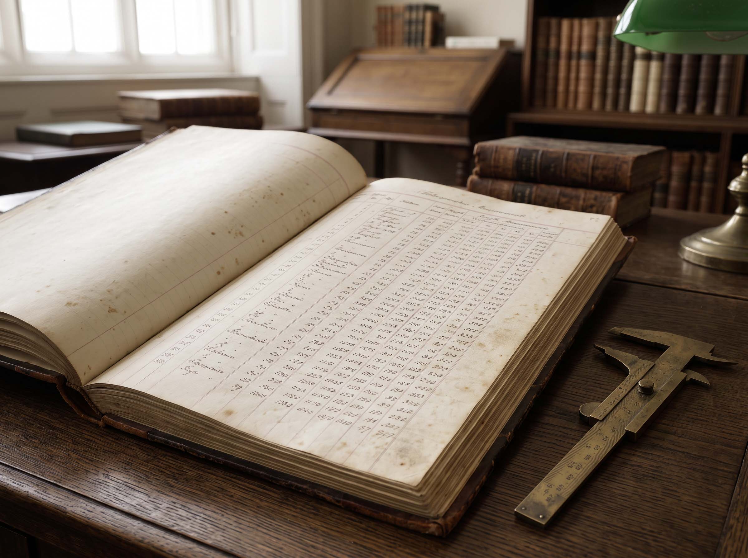 An open nineteenth-century anthropometric record book with hand-ruled measurement columns