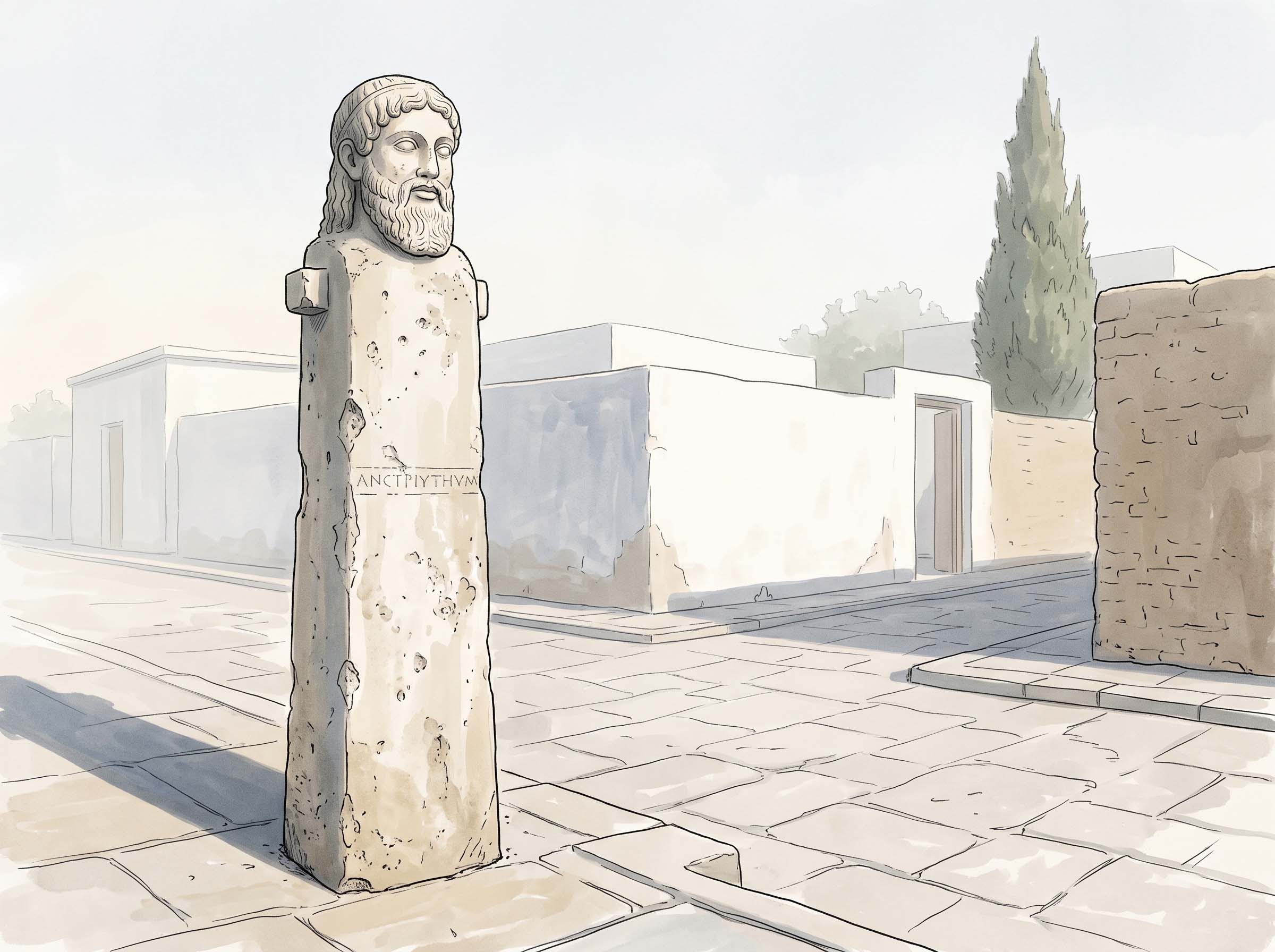 Illustration of a classical Athenian herm pillar standing at a stone-paved crossroads