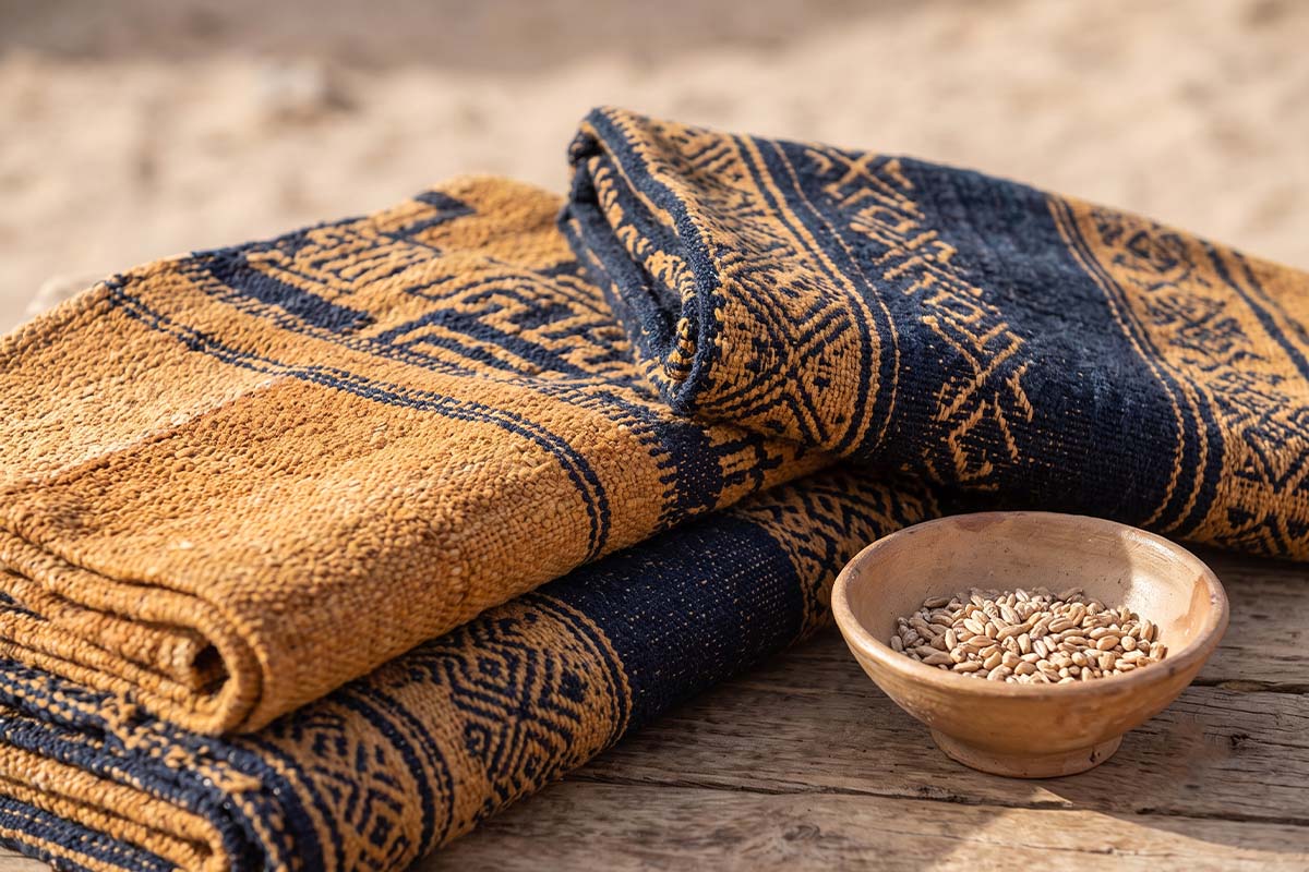 Woven Saharan textiles and a bowl of millet inside a nomadic tent