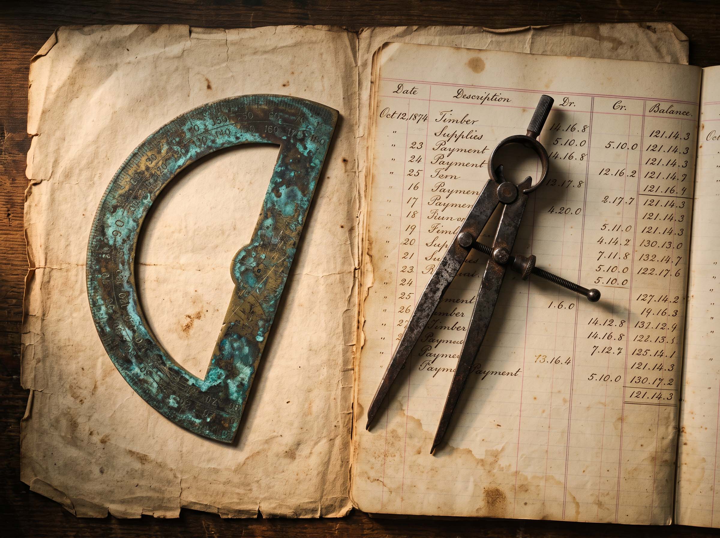 Antique brass protractor and calipers laid out on paper alongside handwritten measurement columns