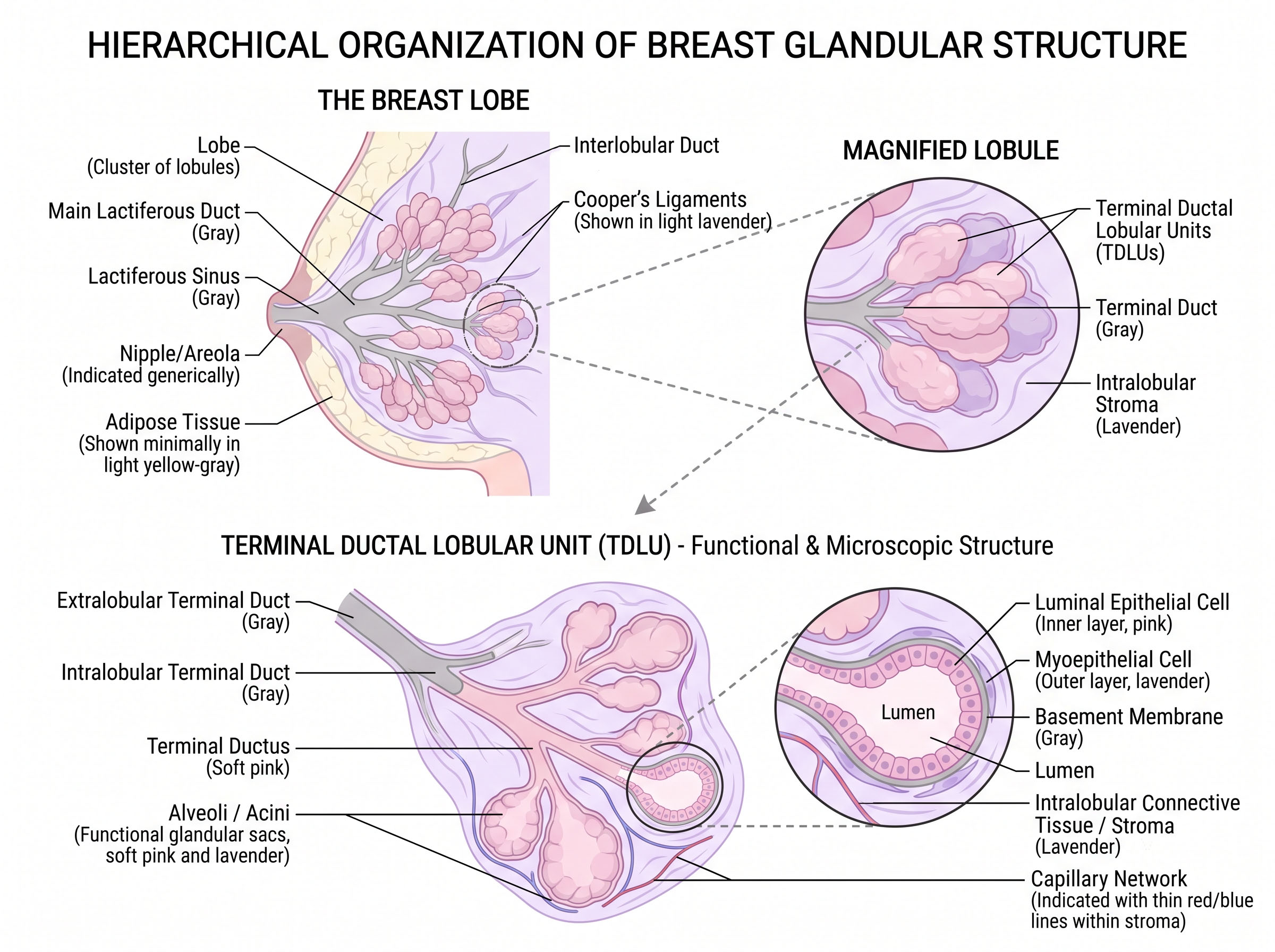 Diagram showing the hierarchical structure of breast lobes, lobules and terminal ductal lobular units (TDLUs)