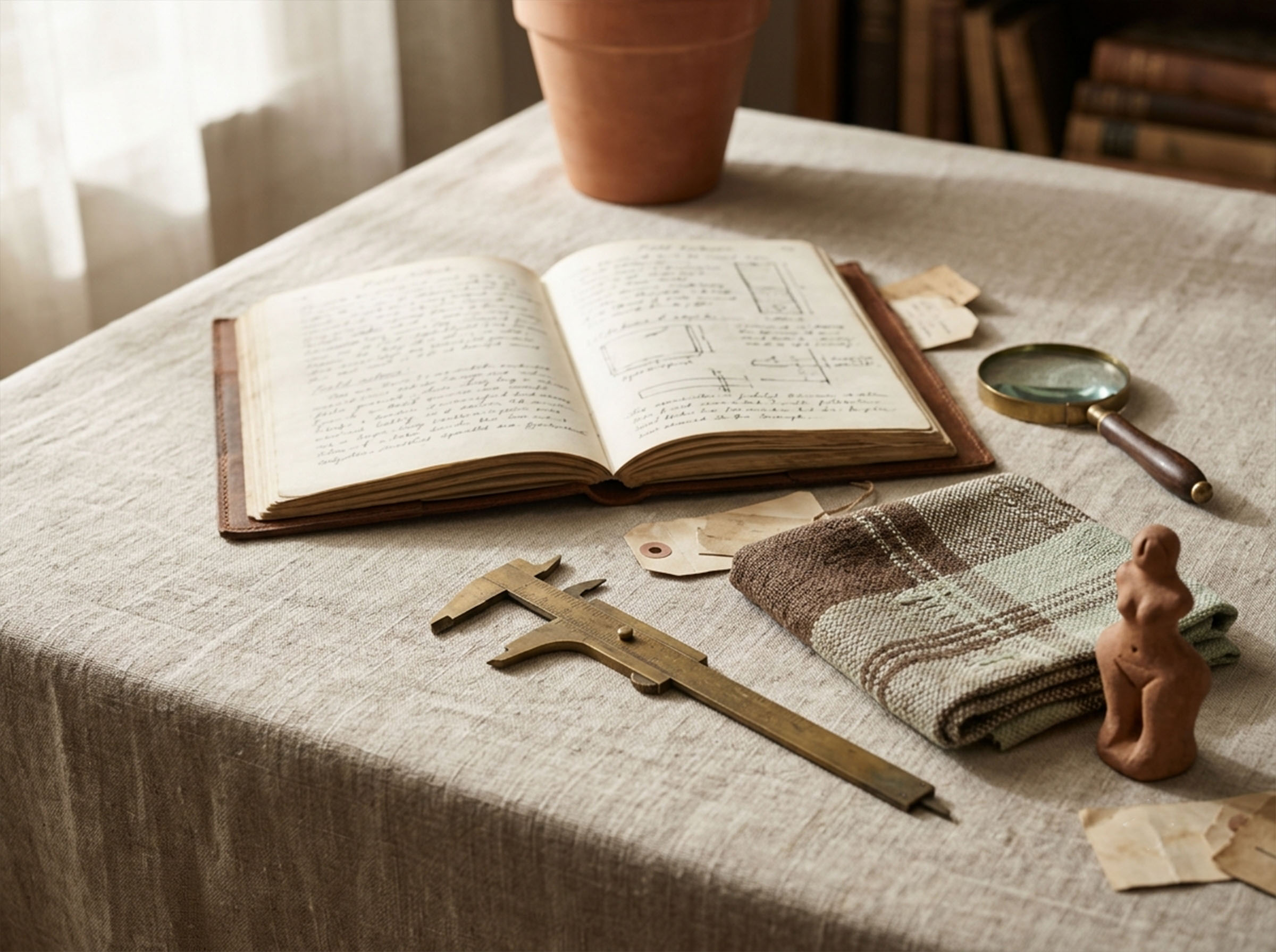 Anthropological field research tools including a notebook, calipers and woven textile arranged on linen