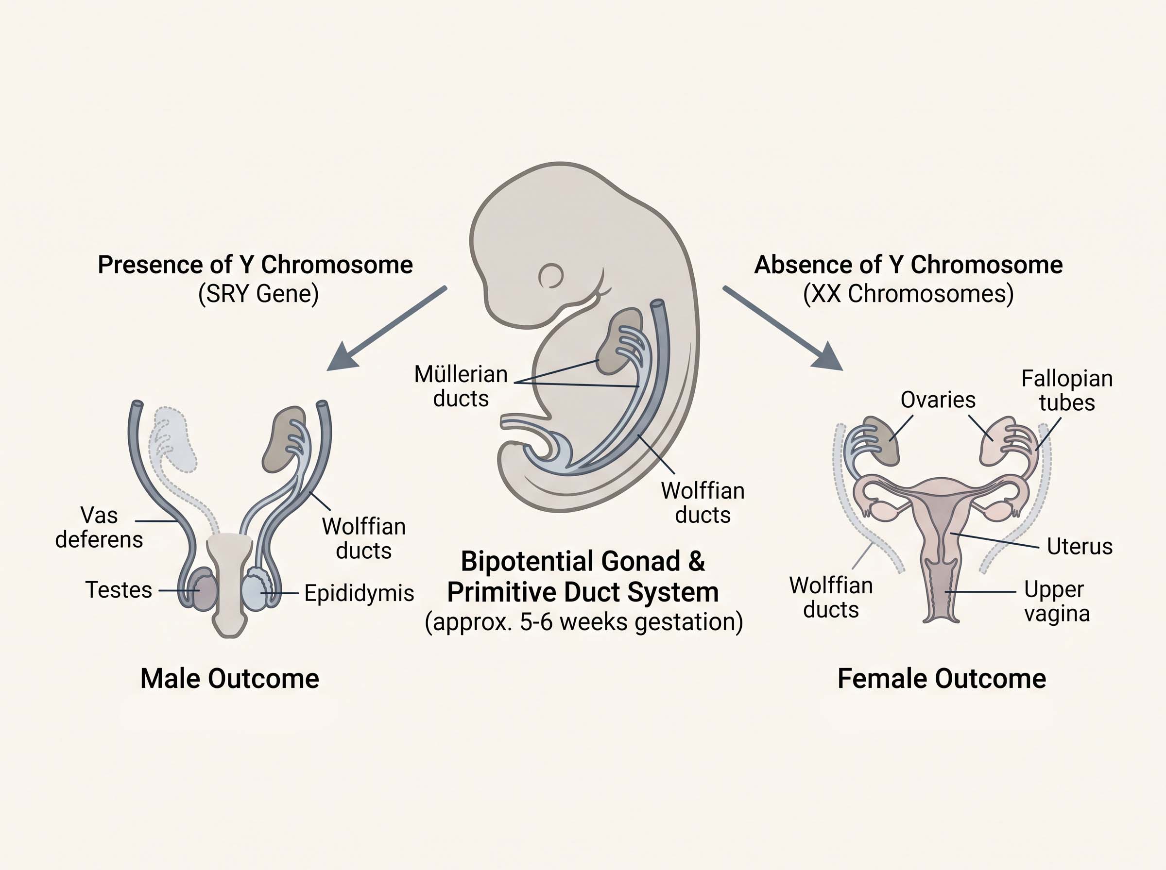 Educational diagram showing the indifferent embryonic stage branching into two developmental outcomes