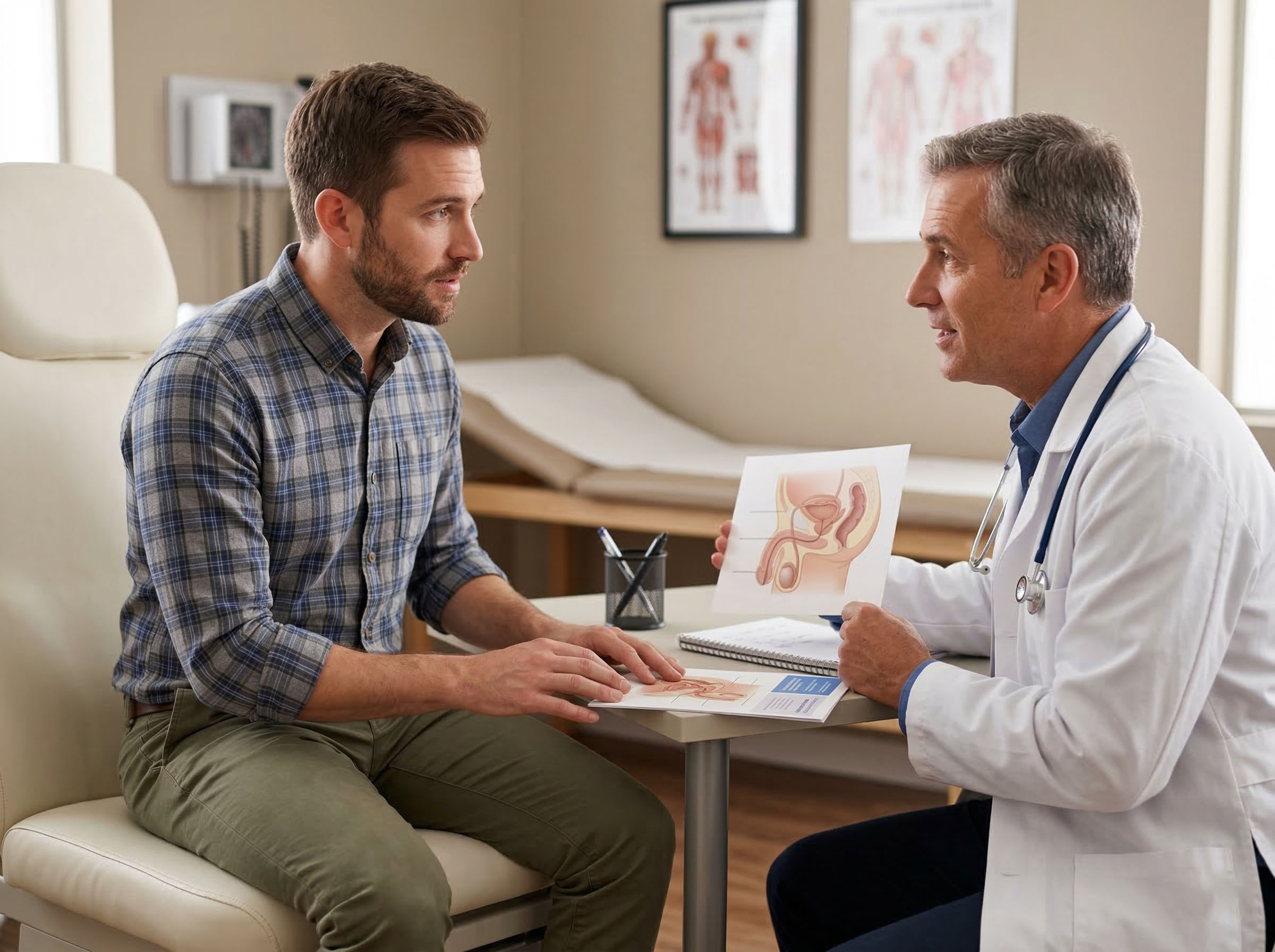 Man at a medical consultation discussing reproductive health
