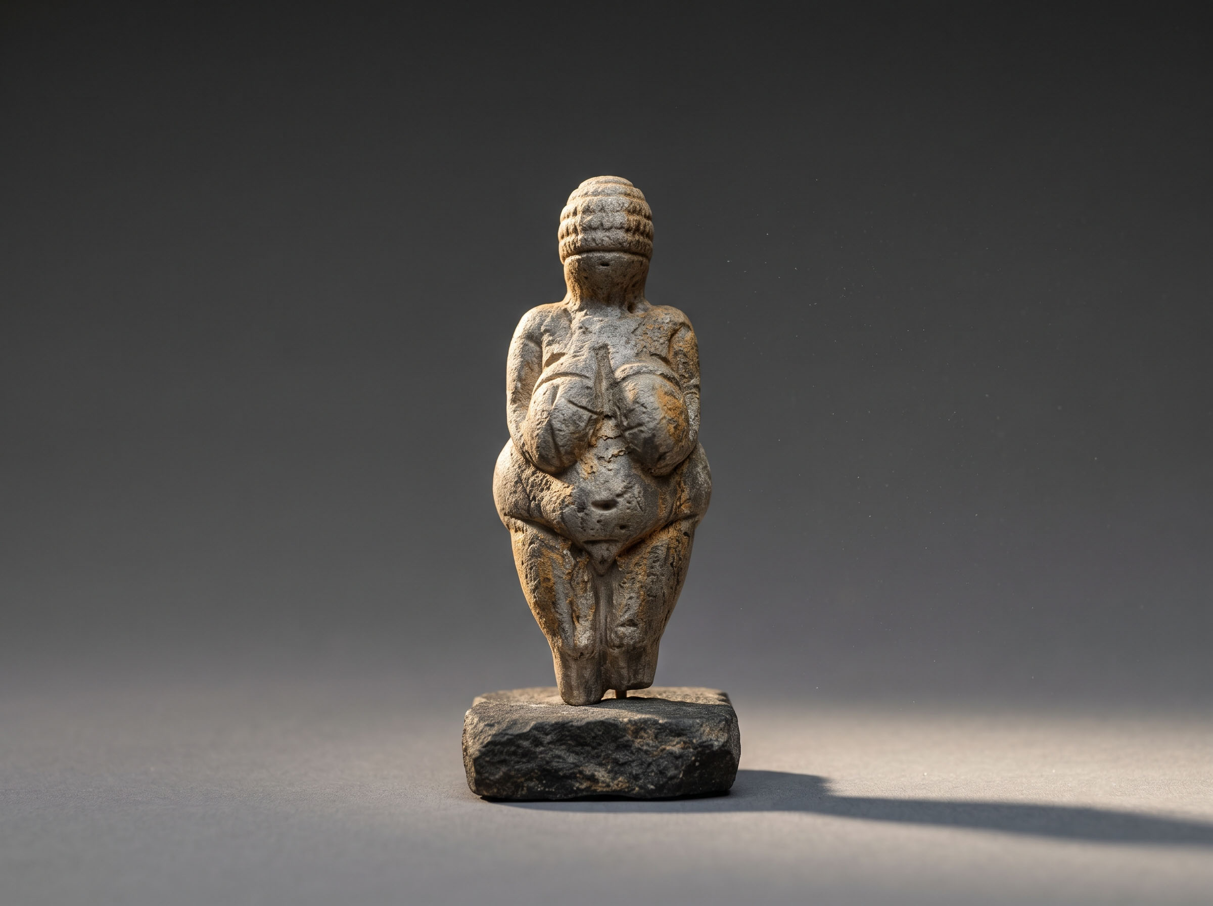 Small carved Upper Palaeolithic figurine displayed on a neutral museum surface, illustrating the interpretive problem of prehistoric fertility imagery