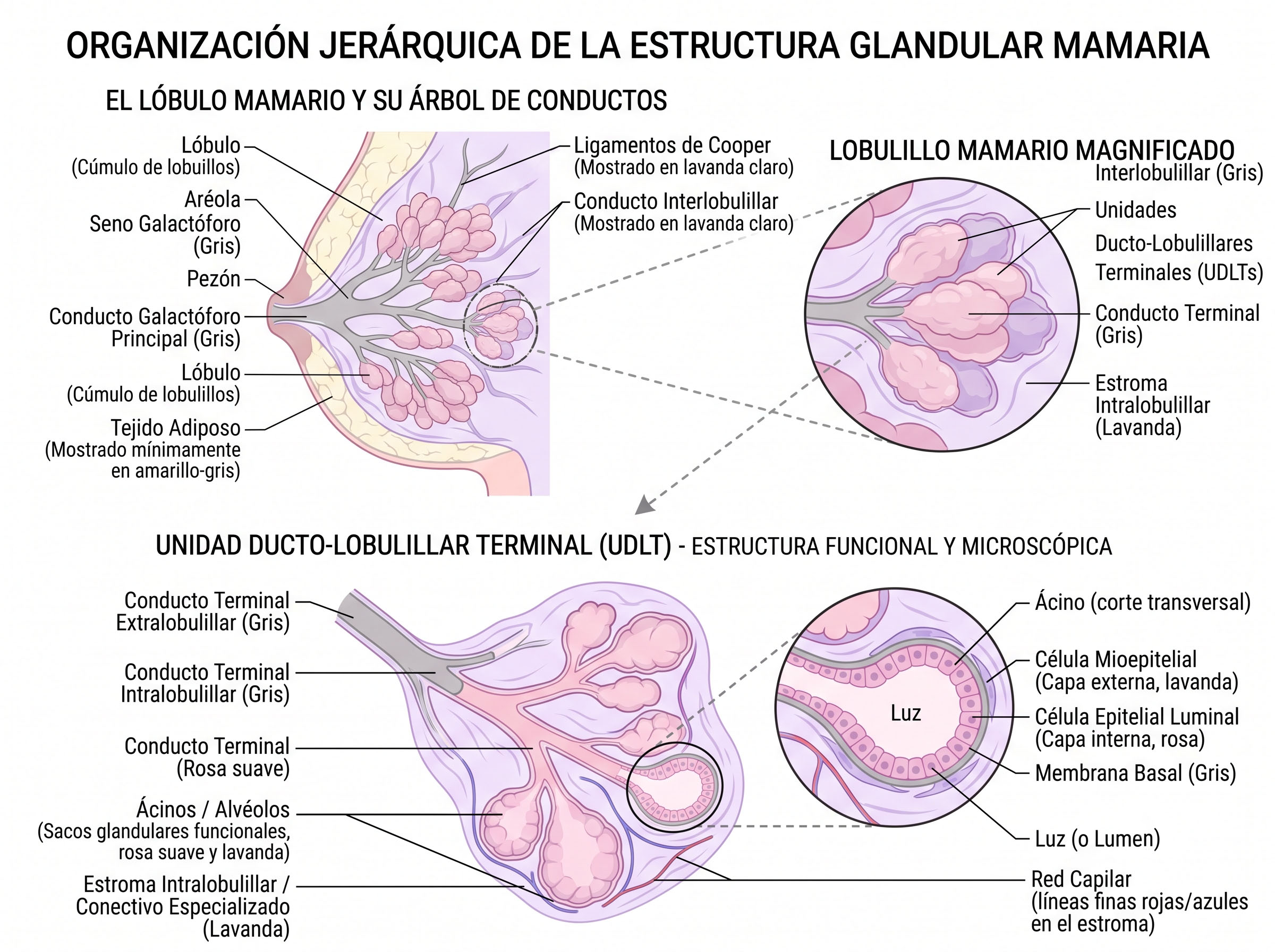 Diagrama que muestra la estructura jerárquica de los lóbulos, lobulillos y unidades lobulillares del conducto terminal (TDLU) de la mama
