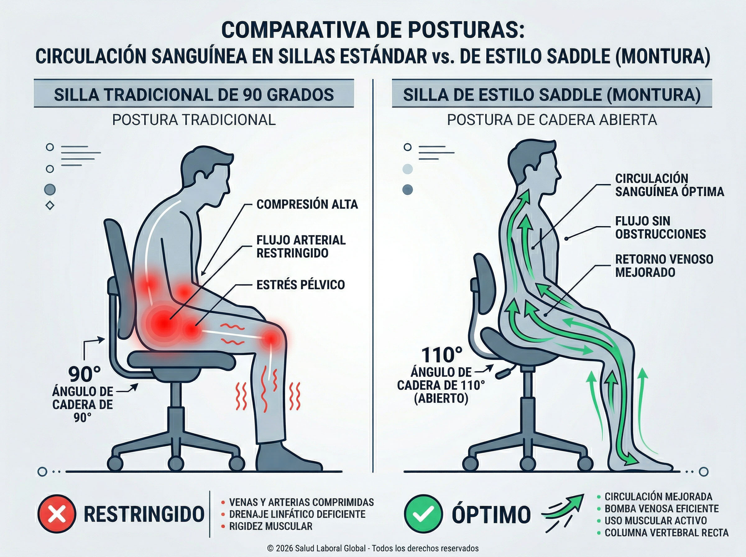 Comparación de la postura en una silla de oficina estándar frente a una postura ergonómica de cadera abierta que muestra la diferencia en el flujo sanguíneo pélvico