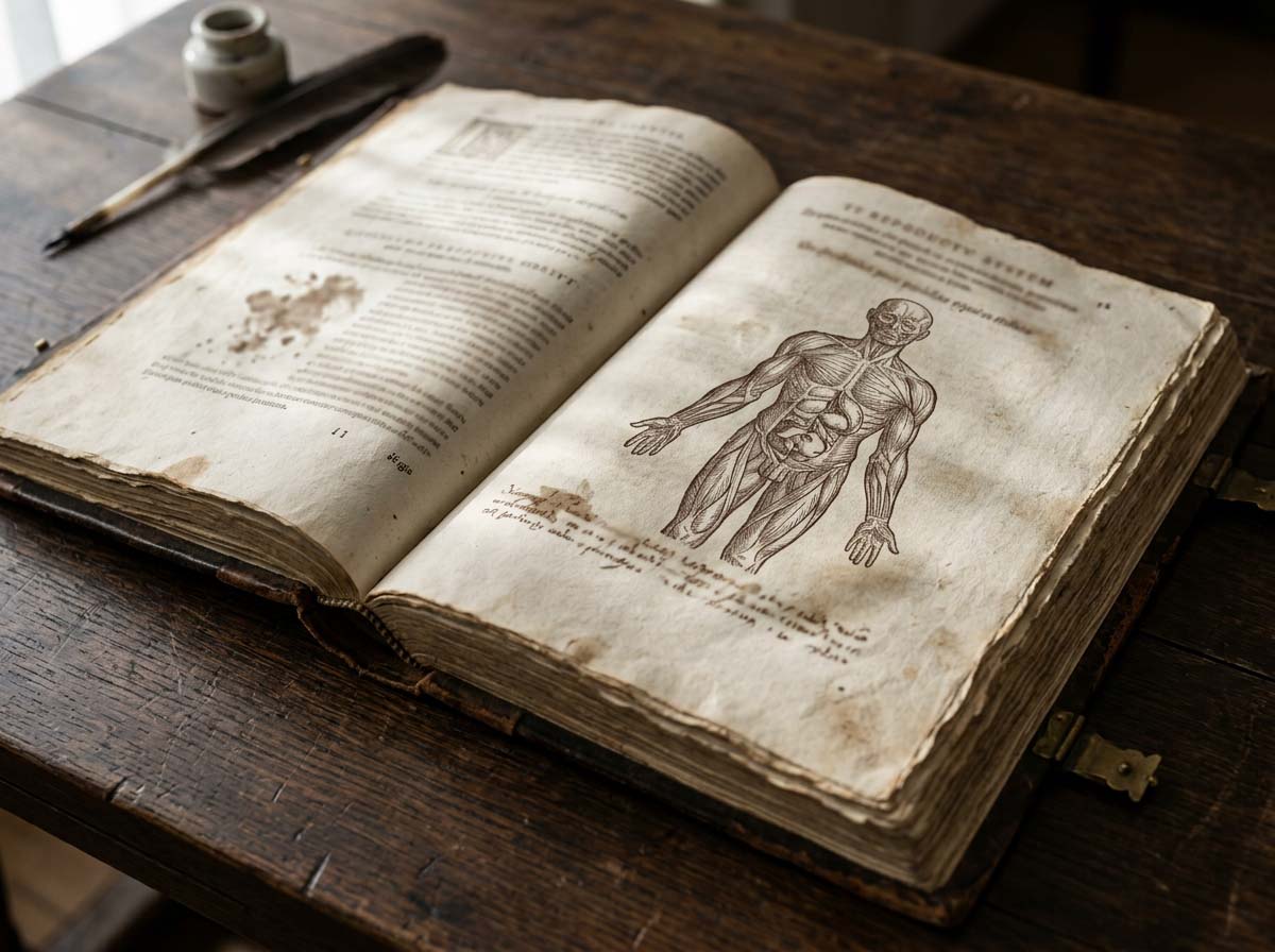 An open sixteenth-century anatomical folio showing an early woodcut of internal structures