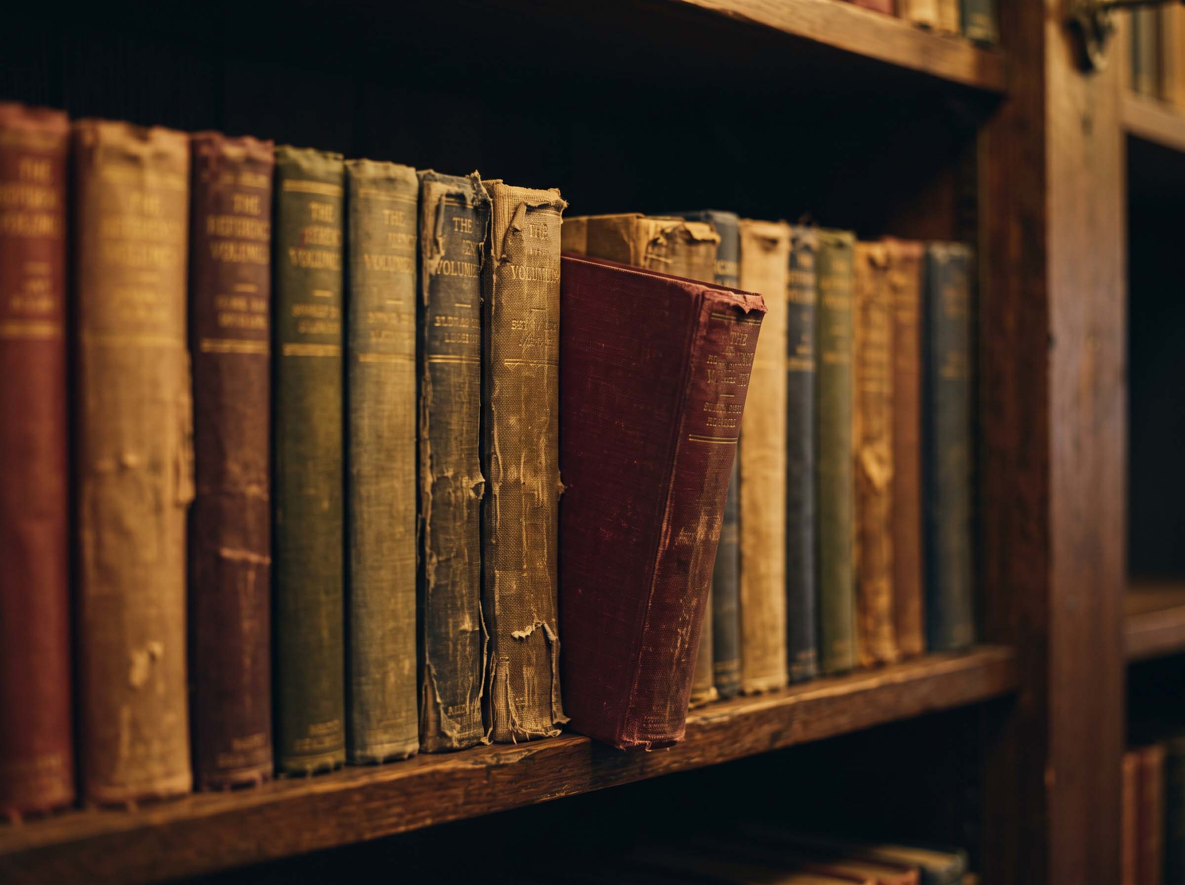 A shelf of worn medical reference volumes spanning the late nineteenth to mid twentieth century