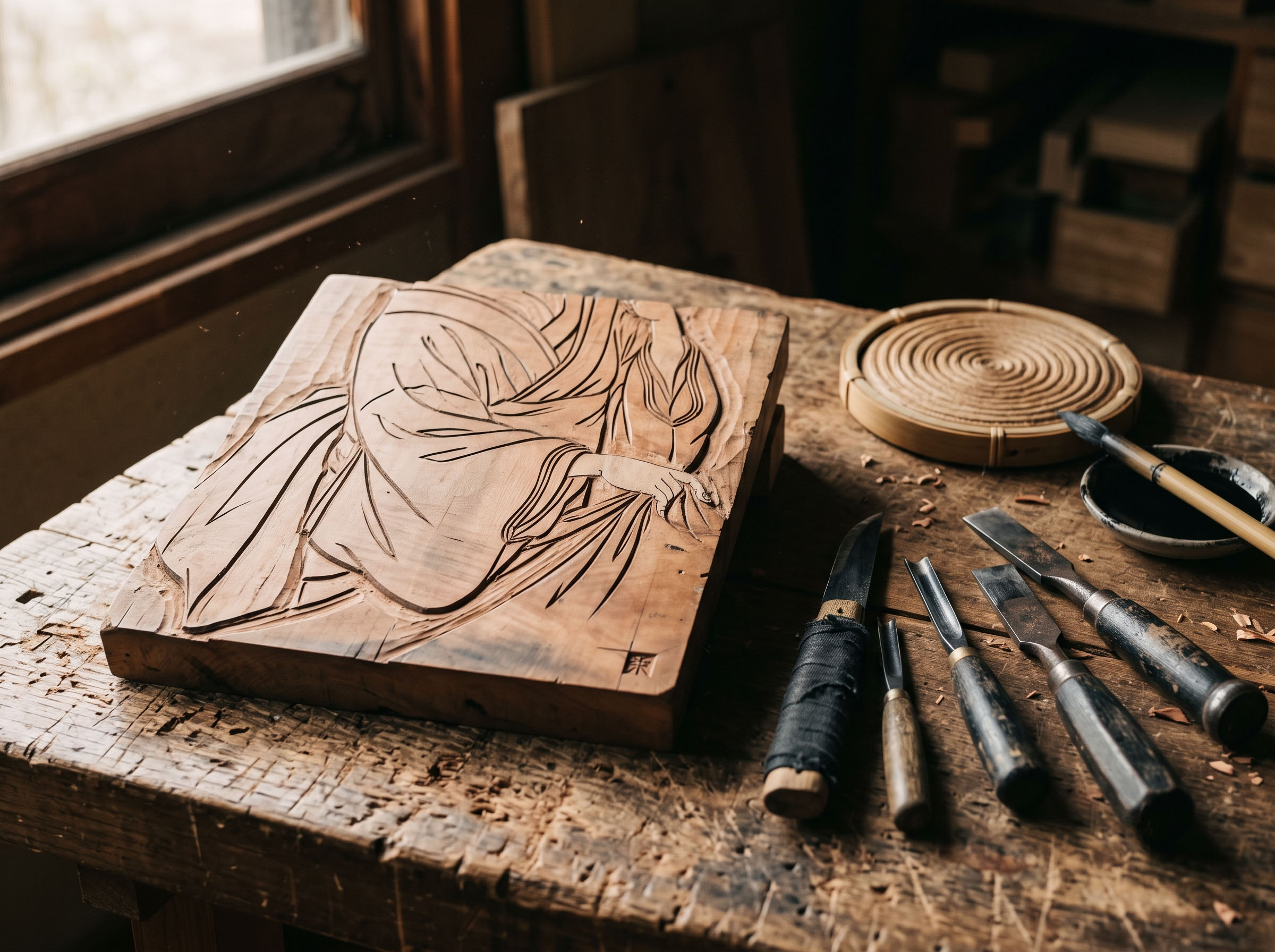 Traditional Japanese woodblock carving tools and a partly carved cherry-wood printing block on a workbench