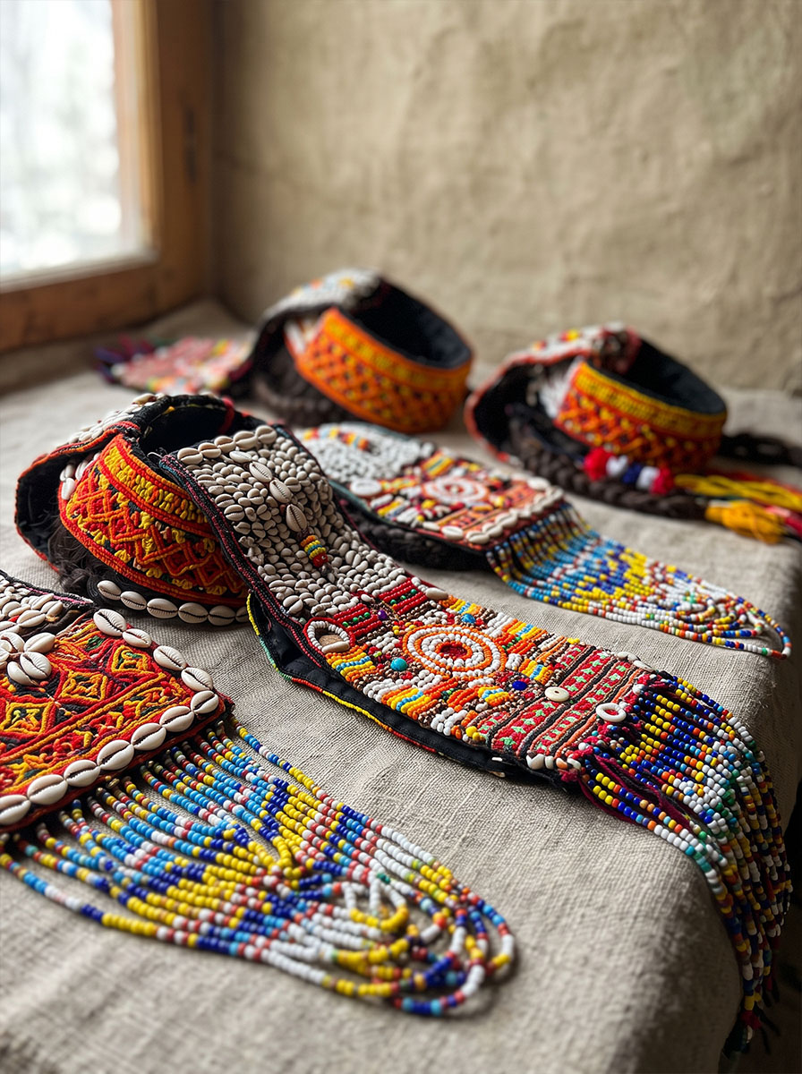 Kalasha women in embroidered headdresses decorated with cowrie shells and beads