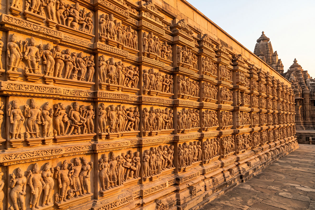 Rows of carved sandstone figures on the wall of a Khajuraho temple in warm evening light