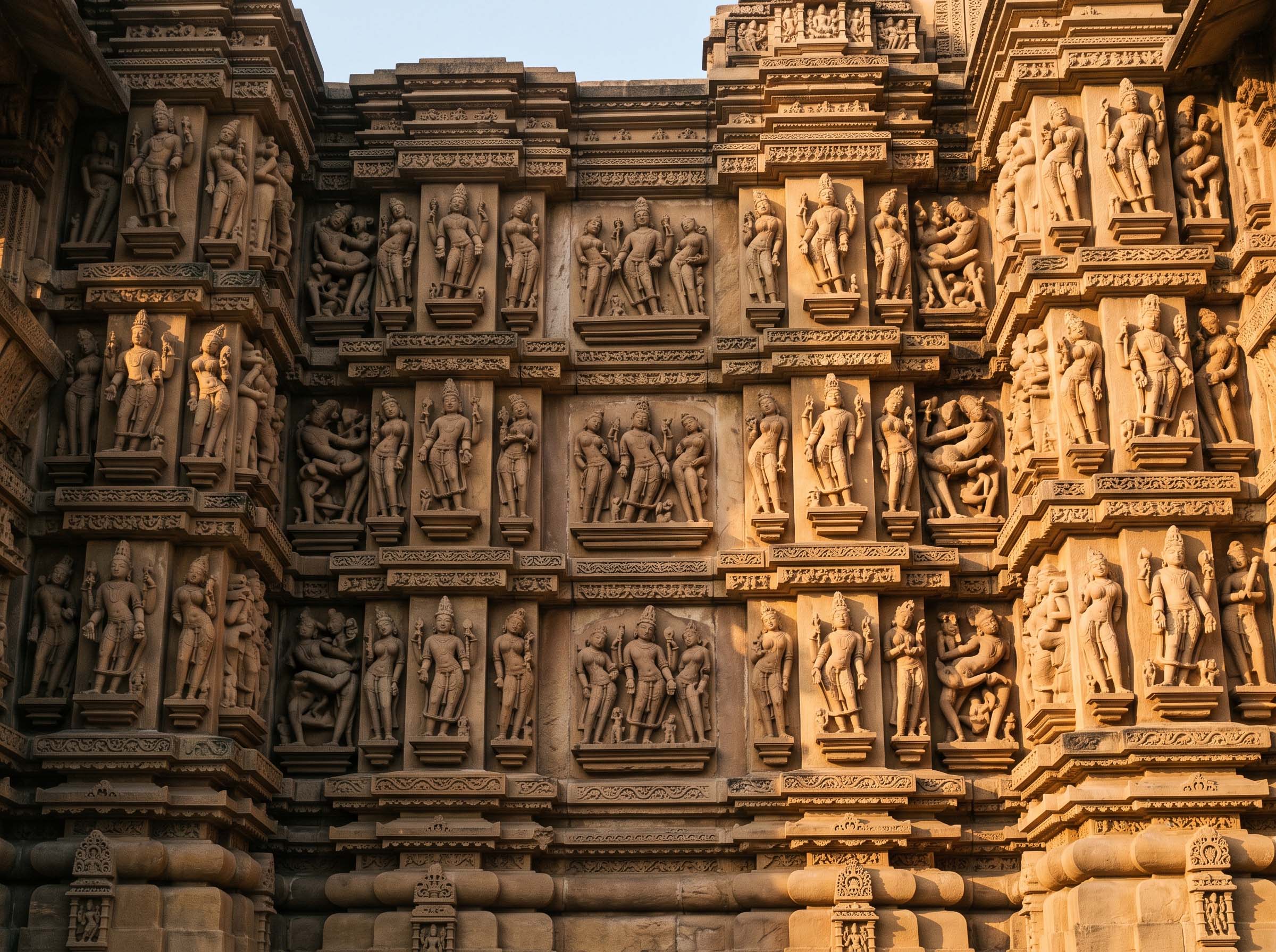 Carved stone figures on the exterior wall of a Khajuraho temple in Madhya Pradesh, lit by low raking sunlight