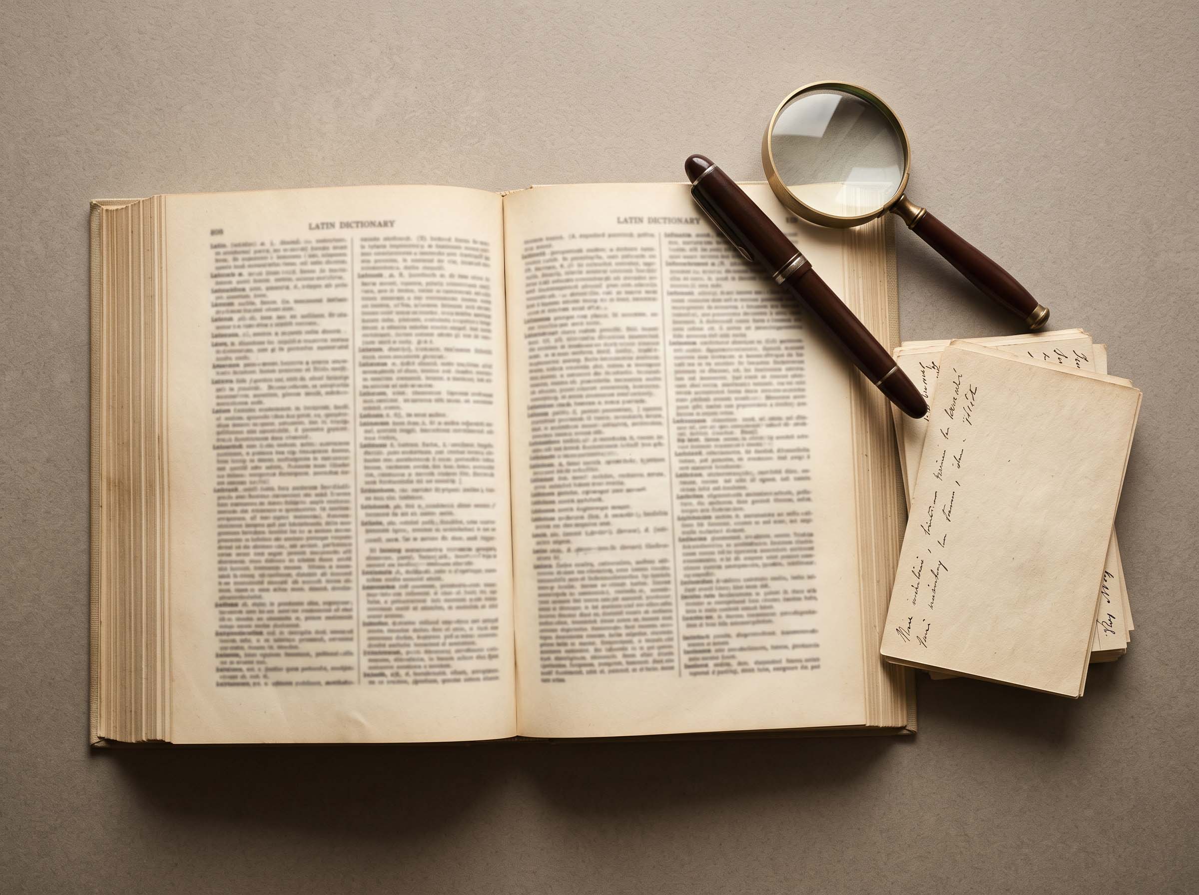 A flat lay of a Latin dictionary, index cards and a magnifying glass on a stone-colored desk