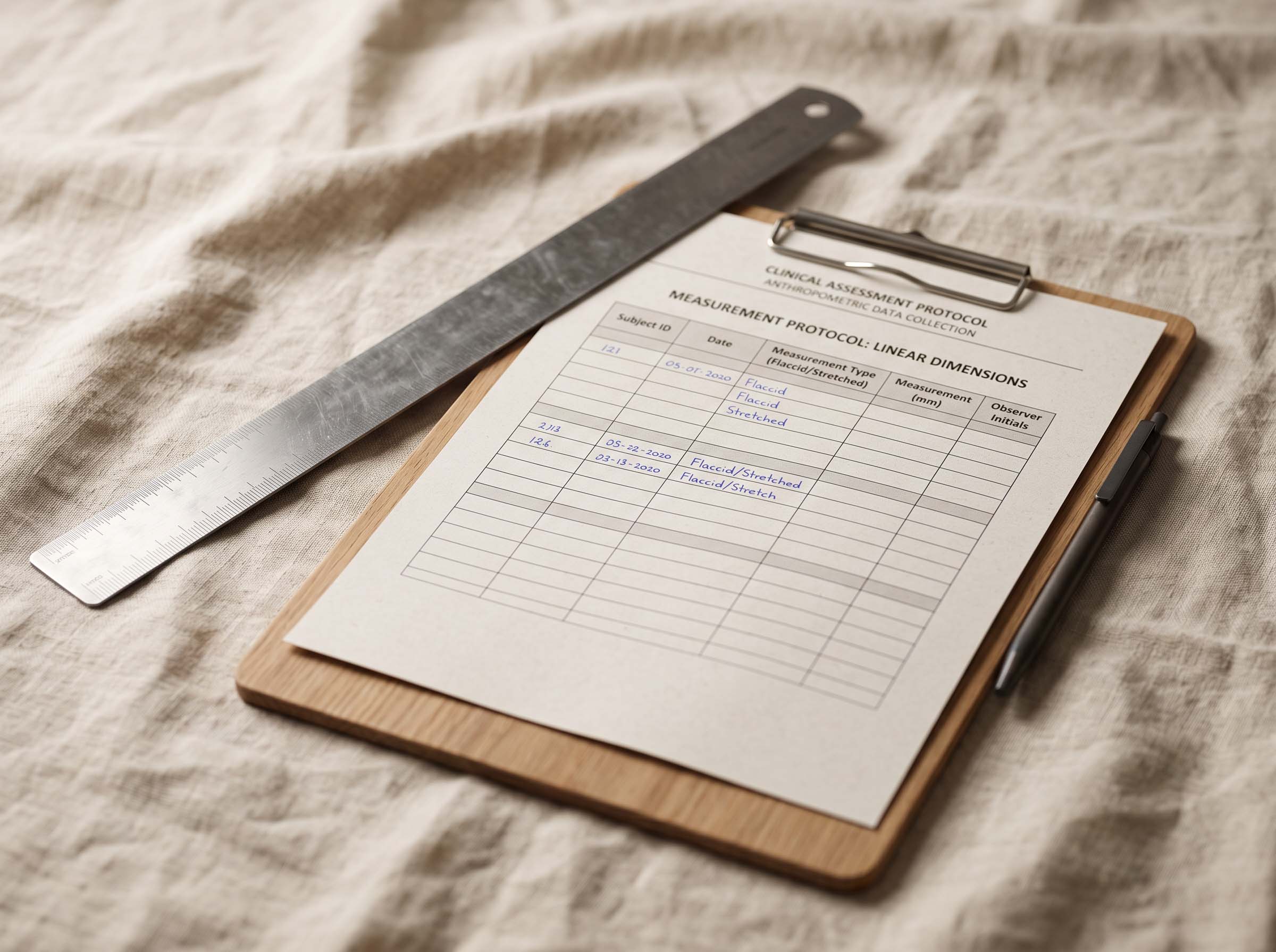 A steel millimeter rule, a printed protocol sheet and a clipboard arranged on a neutral surface, illustrating standardized measurement recording