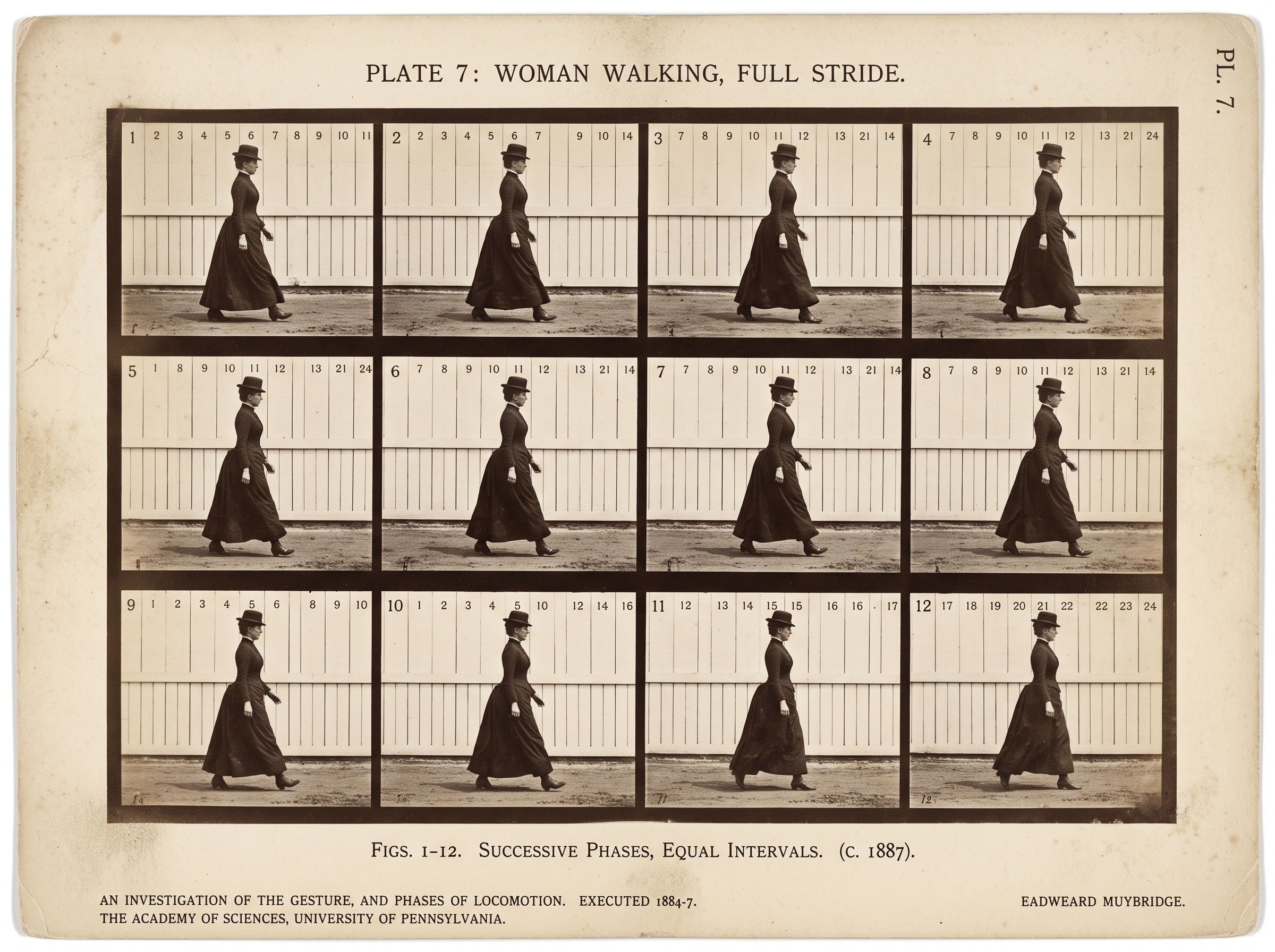 Sequential motion-study photographs of a walking figure arranged in a grid, in the style of nineteenth-century chronophotography