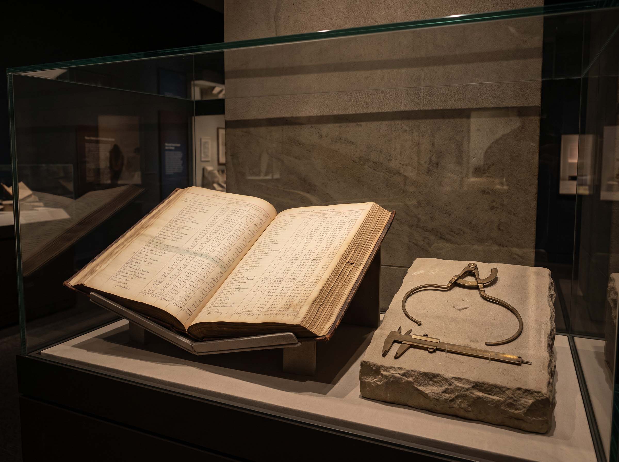 A nineteenth-century statistical ledger and brass anthropometric caliper displayed in a museum case