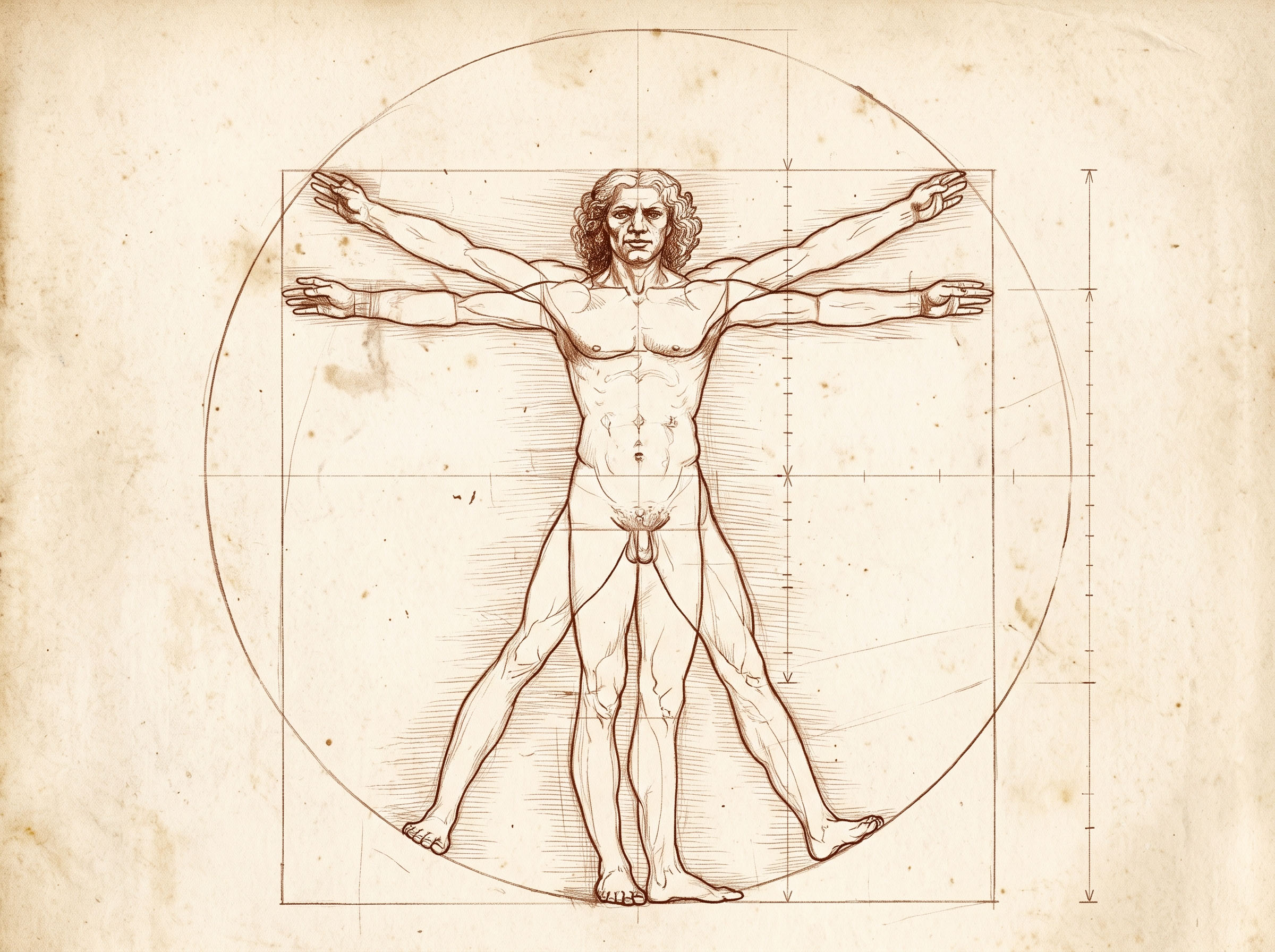 A male figure inscribed in a circle and a square with light construction lines, illustrating the classical canon of ideal proportions