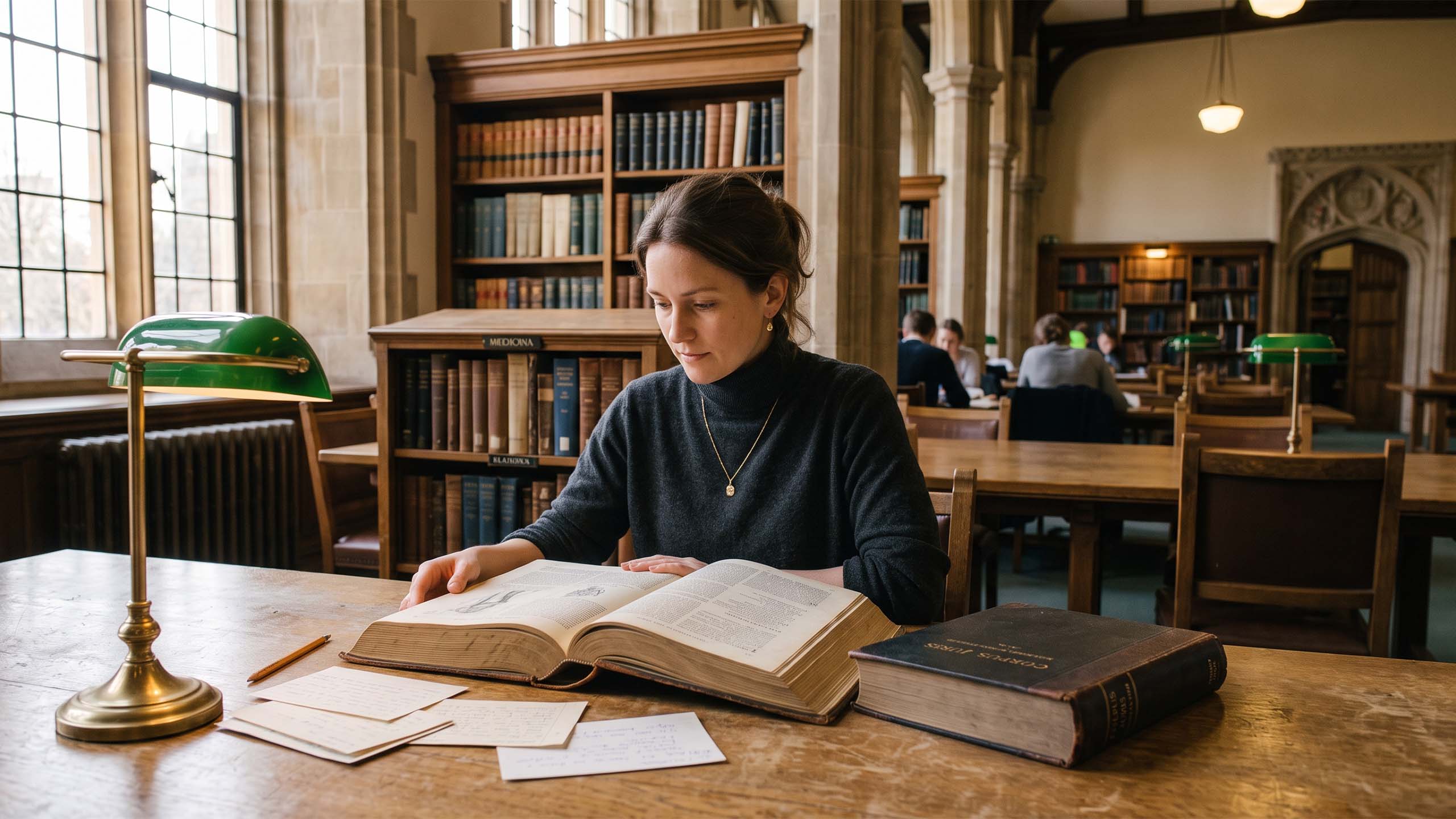 A woman studying an open Latin anatomical lexicon in a library reading room, illustrating the origin and correct use of the term vulva