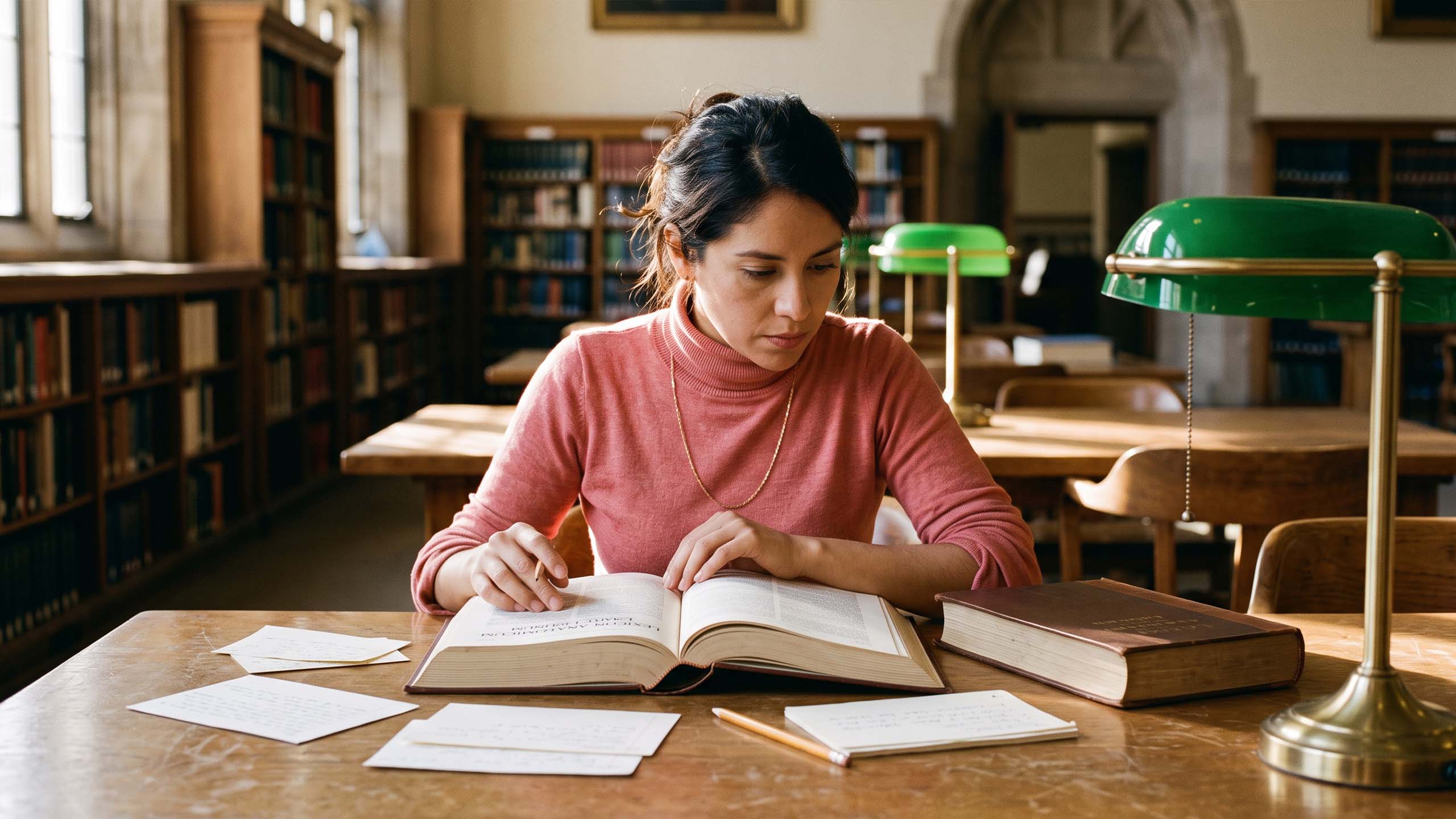 Una mujer estudiando un léxico anatómico latino abierto en una sala de lectura de una biblioteca, ilustrando el origen y el uso correcto del término vulva