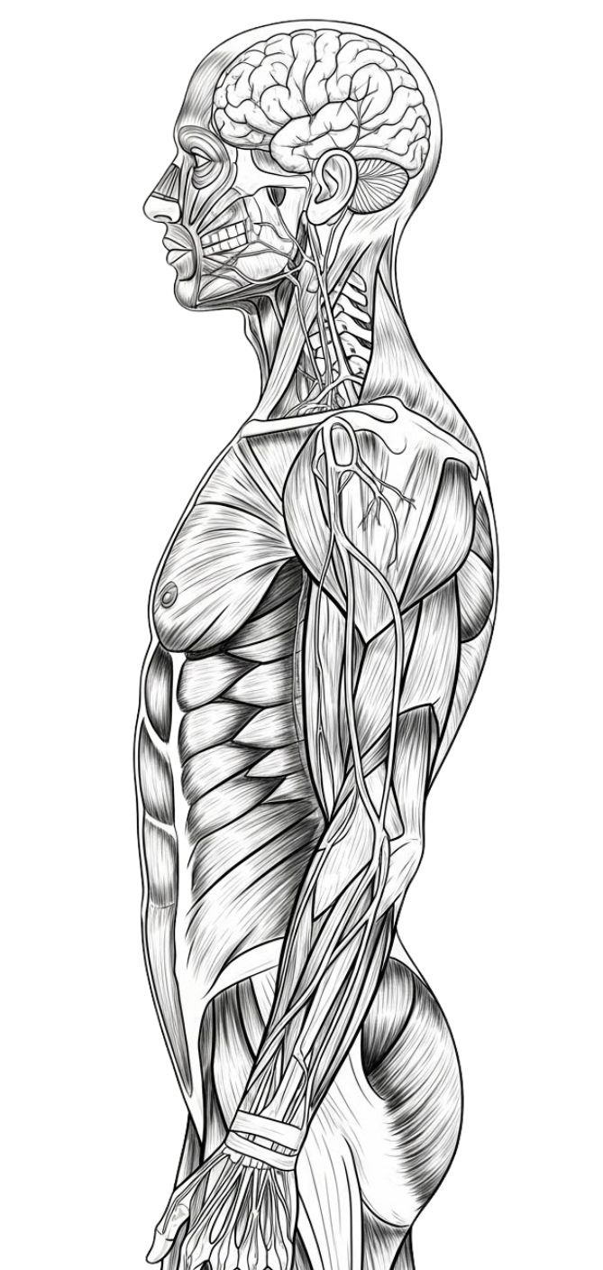 Ilustración anatómica de perfil lateral de una forma humana masculina, representada en un estilo detallado de tinta en blanco y negro.