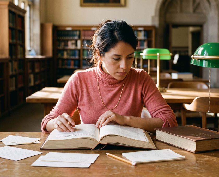 Una mujer estudiando un léxico anatómico latino abierto en una sala de lectura de una biblioteca, ilustrando el origen y el uso correcto del término vulva