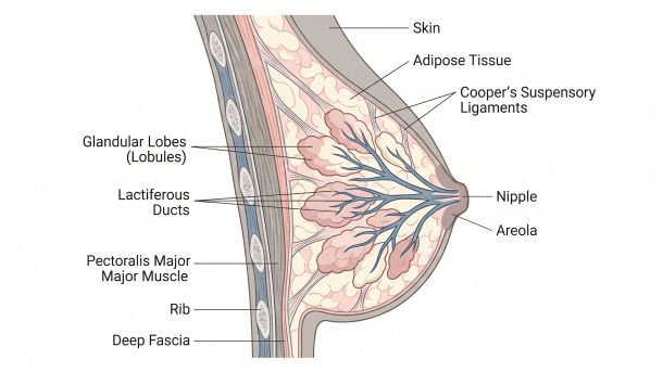 Detailed anatomical cross-section illustration of the female breast showing lobules, ducts, fatty tissue and Cooper's ligaments