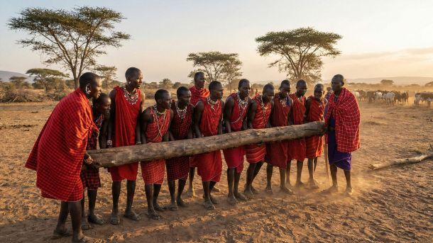 Un grupo de hombres con vestimenta tradicional de pie, representando la identidad masculina global y la antropología cultural.