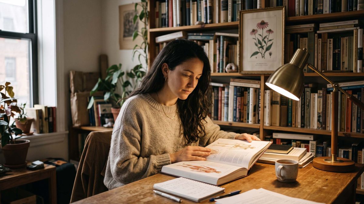 A woman reading an open anatomy reference book at a desk in warm lamplight, illustrating a guide to female external anatomy