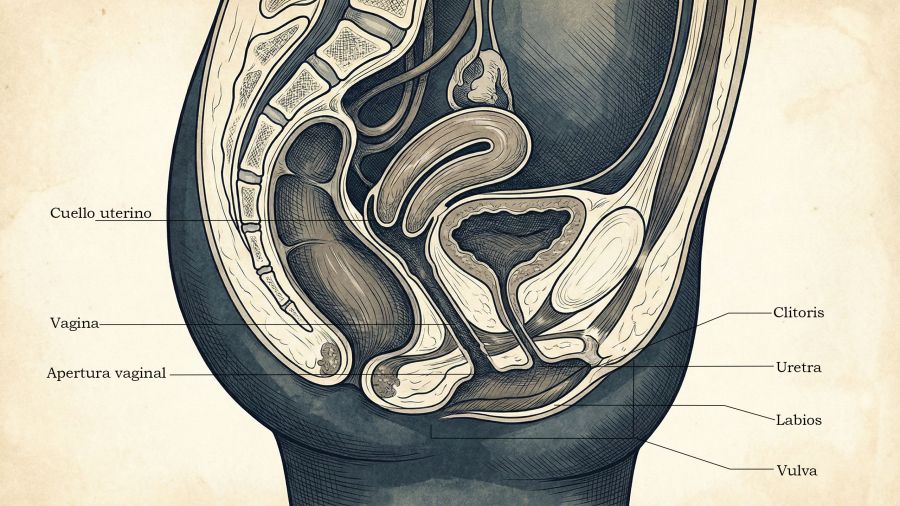 Diagrama anatómico profesional del sistema reproductivo femenino con fines educativos.